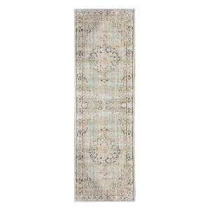 8' Tan And Light Green Medallion Runner Rug - 1 of 4