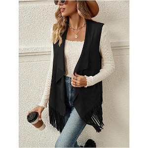 Women's Long Boho Fringe Vest Sleeveless Notch Lapel Duster Cardigan Open Front Layering Piece S to 2XL - 1 of 4