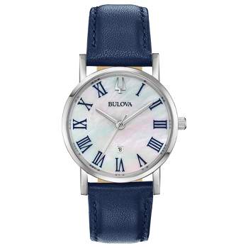 Bulova Ladies Classic Stainless Steel 3-Hand Date Quartz Slim Watch with Blue Leather Strap, Silver-Tone, 32mm