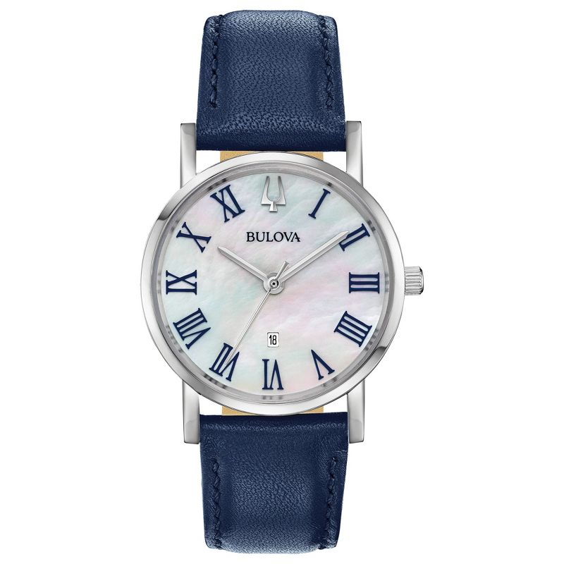 Bulova Ladies Classic Stainless Steel 3-Hand Date Quartz Slim Watch with Blue Leather Strap, Silver-Tone, 32mm, 1 of 5