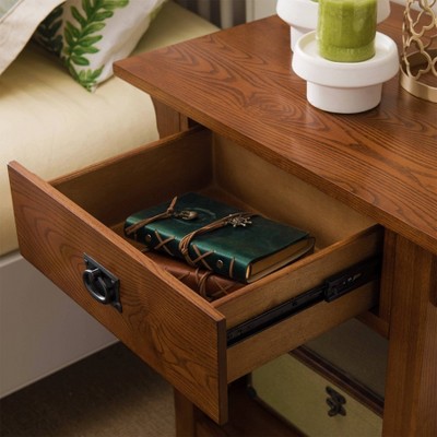 Medium Oak Mission Style End Table with Drawer and Shelf