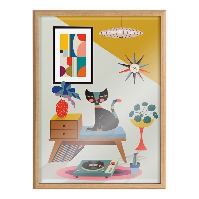 Mid-Century Modern Cat Art on Canvas with Natural Frame