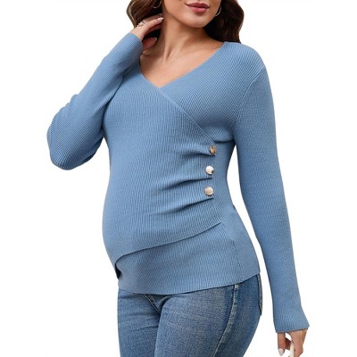 INSPIRE CHIC Women's Maternity Long Sleeve T-Shirt V-neck Stretch Wrap Tops Breastfeeding Ruched Nursing Sweater