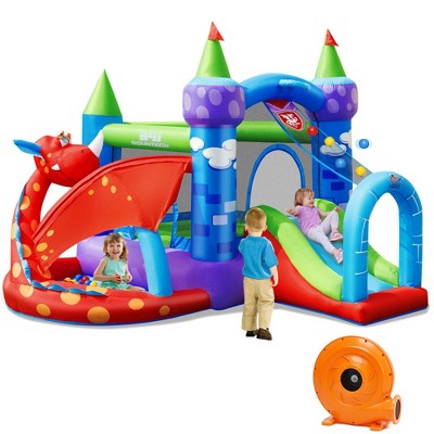 Costway Kids Inflatable Bounce House Dragon Jumping Slide Bouncer Castle W/ 750W Blower