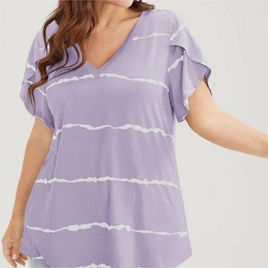 Clearlove Plus Size Tops for Women Summer Criss Cross Elbow Sleeve Shirts Dressy Casual Loose Fit Oversized Floral Blouses - 1 of 3