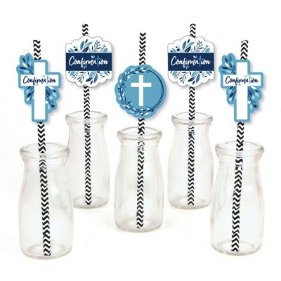 Big Dot of Happiness Confirmation Blue Elegant Cross - Paper Straw Decor - Boy Religious Party Striped Decorative Straws - Set of 24