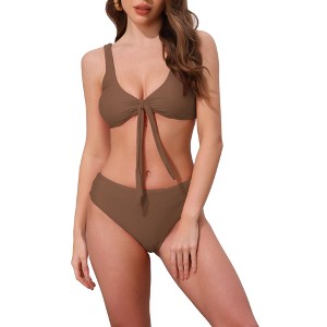 INSPIRE CHIC Women's Lace Up Decoration Push Up Bikini Sets, Wide Strap Top Triangle Bottom Swimwear Bathing Suits 1 Set - 1 of 4