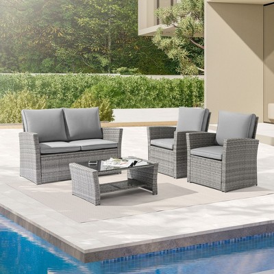 Sonkuki 4-piece Patio Conversation Set With Coffee Table, Gray Cushion ...