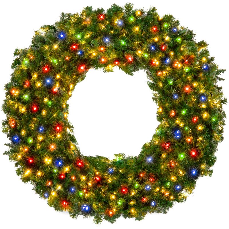 Best Choice Products Artificial Pre-Lit Fir Christmas Wreath Decoration w/ Multicolor Lights, Tips, 1 of 8