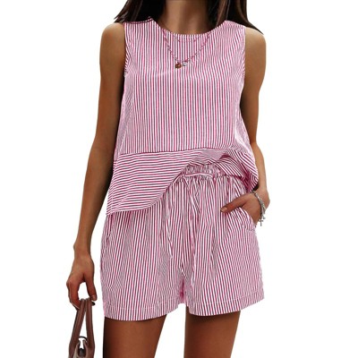 EXLURA Women's Summer 2 Piece Outfits Sleeveless Tank Top Matching Shorts Sets Cotton Striped Sweatsuits Vacation Beach 2025