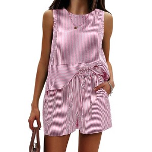 EXLURA Women's Summer 2 Piece Outfits Sleeveless Tank Top Matching Shorts Sets Cotton Striped Sweatsuits Vacation Beach 2025 - 1 of 4