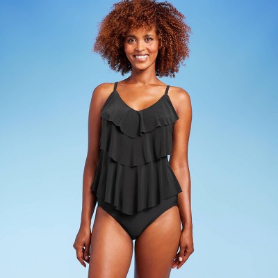 Women's Lands' End Print UPF 50 Tummy Control Ruffle Tankini Top