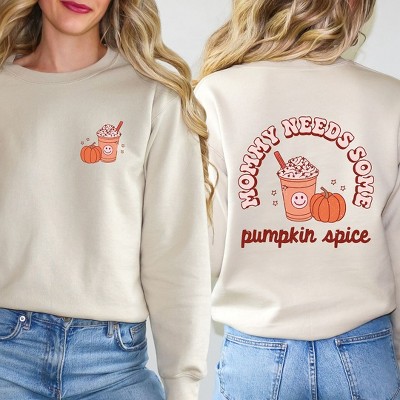 Simply Sage Market Women's Graphic Sweatshirt Retro Mommy Needs Some Pumpkin Spice Lightning Bolt Front and Back