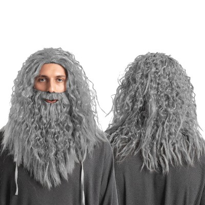Joyfy Long Grey Wizard Beard & Hair Costume Set, Men's Gandalf Costume Hair Wig Accessories for Halloween Cosplay