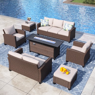 Captiva Designs 7pc Outdoor Patio Wicker Rattan Cushioned Fire Pit Set with Ottomans and Loveseat
