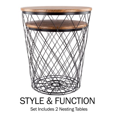 Rustic Brown and Black 24" Round Wood and Metal Nesting End Tables with Storage - Set of 2