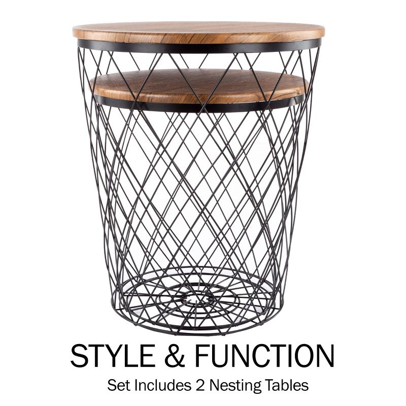 End Table with Storage – Set of 2 Round Nesting Tables with Diamond Pattern Wire Basket Wood Tops, Industrial Farmhouse Side Table by Lavish Home, 3 of 10