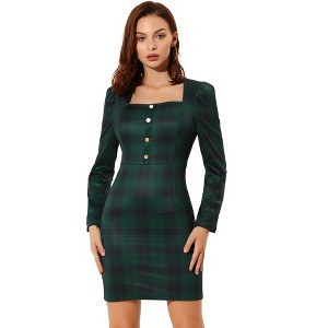 INSPIRE CHIC Women's Square Neck Long Puff Sleeve Plaid Bodycon Dress - 1 of 4
