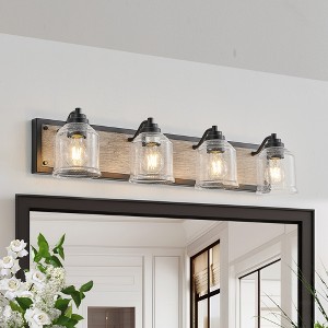 GreenEver 32'' Farmhouse Vanity Light, 4-Light Bathroom Sconce, Clear Seeded Glass, Black/Wood Grain Finish, Modern Industrial Design (No Bulbs) - 1 of 4