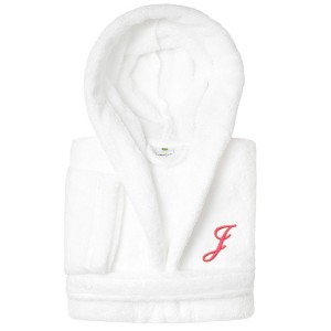 Personalized Linum Kids 100% Polyester SUPER PLUSH Double Brushed Hooded Bathrobe in Pink Script Font - 1 of 3