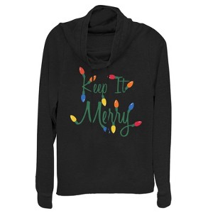 Juniors Womens Lost Gods Christmas Keep It Merry Lights Cowl Neck Sweatshirt - 1 of 3