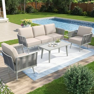 Captiva Designs Outdoor Patio Rope Rattan Furniture Conversation Sets with Coffee Table - 1 of 4