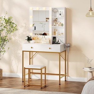 White Makeup Vanity Desk Set with Mirror, 3 Adjustable Lighting Modes, 2 Drawers, Built-in Charging Station & Stool - 1 of 4