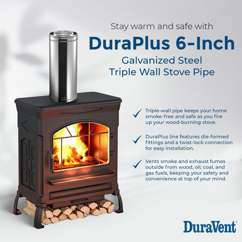 DuraVent 6DP-36 DuraPlus 36 x 6 Inch Galvanized Steel Triple Wall Wood Burning Stove Pipe Connector to Vent Smoke/Exhaust, Silver, 4 of 7