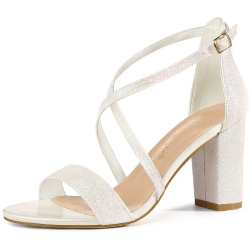 Allegra K Women s Glitter Crisscross Strap Block Heels Sandals White 9