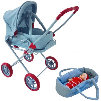 The New York Doll Collection Heart Printed Doll Bassinet Stroller with Travel Carry Bag