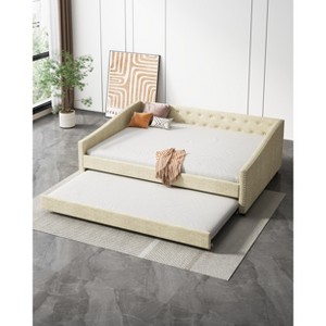 Twin/Full Size Upholstered Tufted Daybed with 2 Storage Drawers/Trundle and Button on Back and Piping on Waved Shape Arms, 4Q -ModernLuxe - 1 of 4