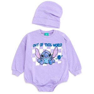 Disney Minnie Mickey Mouse Winnie the Pooh Princess Lilo & Stitch Baby Girls French Terry Bubble Romper Oversized Bodysuit and Hat Newborn to Infant - 1 of 4
