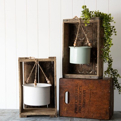Set of 2 Green and White Metal Hanging Planters with Wood Beads