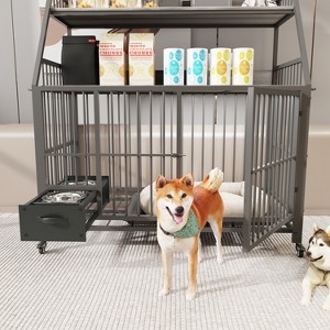 Large Pet Cage with Storage Rack, Double-Layer Dog Crate with Drawers & Stainless Steel Bowls, Black + Smoke Gray - Nertpow - 1 of 4