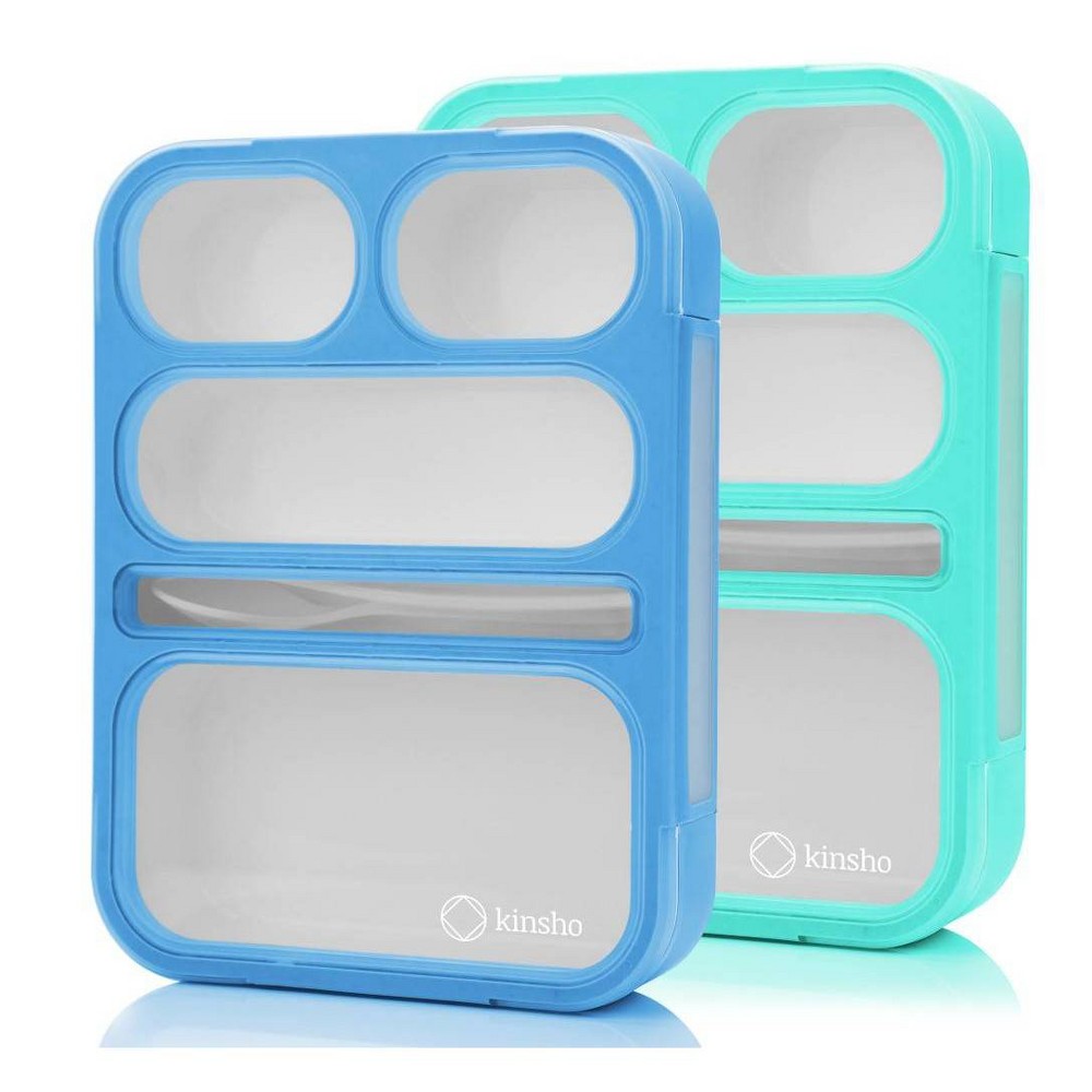 kinsho 8pc (set of 2) 4c Classic Bento Lunch Box 5 Section Leak Proof Food Storage Boxes Blue/Green