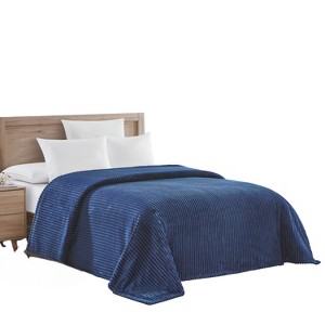 Plazatex Striata Lined Oversized All Season 100% Polyester Blanket Navy - 1 of 4