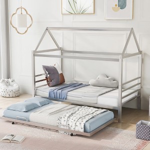 Twin Size House Shape Platform Bed With Trundle, Metal Twin Platform Bed Frame For Teens Bedroom, Easy Assembly - 1 of 4