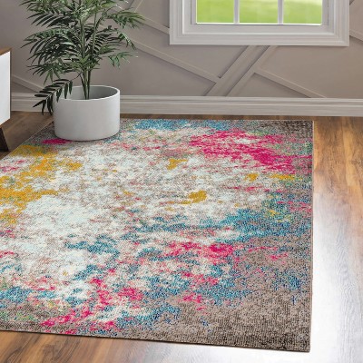 Contemporary Yellow Multicolor Abstract Synthetic Area Rug