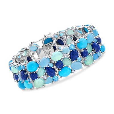 Ross-Simons Blue and White Multi-Stone Cluster Bracelet in Sterling Silver Size 7.25