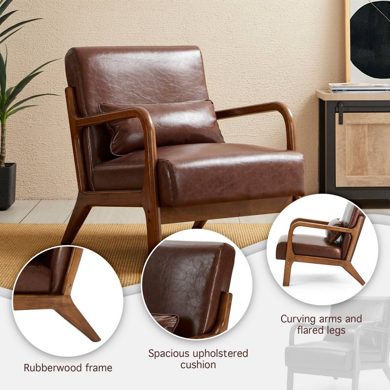 Mid-Century Modern Leatherette Arm Accent Chair Walnut Rubberwood Frame Coffee - Glitzhome, 6 of 11