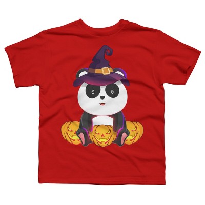 Boy's Design By Humans Cute Panda Mock up Witch With Jack O Lantern Halloween T-Shirt By thebeardstudio T-Shirt