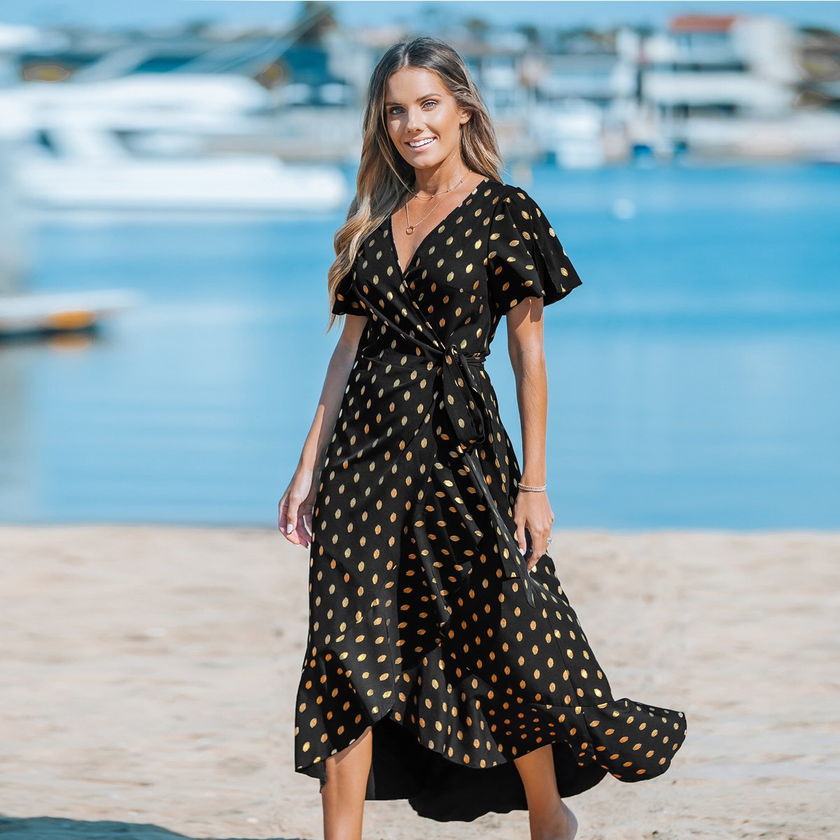 Женские платья Cupshe Women's Flared Sleeve Tie V-neck Midi Dress - Cupshe-XS-Black — фото 2