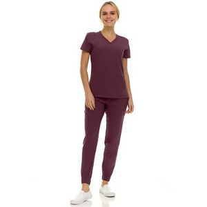 Saint Scrubs Womens 9-Pocket Medical Uniform Set- V-Neck Stretch Top with Seven Pocket Jogger Scrub Pant - 1 of 4