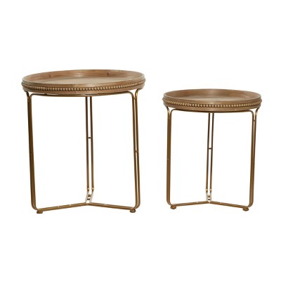 Round Light Brown Wood and Gold Metal Nesting Tables Set