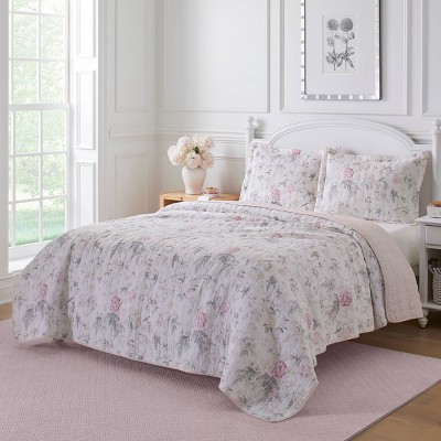 Pink Floral Reversible Cotton Twin Quilt Set