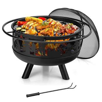 Costway 30'' Patio Round Fire Pit W/ Fire Poker Cooking Grill For Camping BBQ