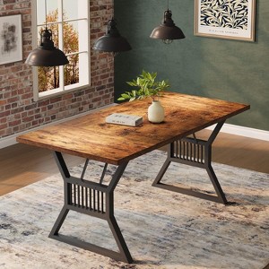 71 Inch Large Rectangle Dining Table for 4-6 People, Geometric Metal Legs & Thick Wood Tabletop, Modern Farmhouse Style, for Dining Room - 1 of 4