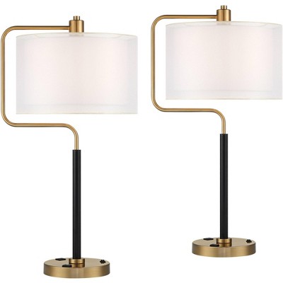 Possini Euro Design Carlyle 30 1/2 Tall Mid Century Modern Desk Lamps Set  of 2 USB Port Smart Socket AC Power Outlet Black Gold Metal Charging