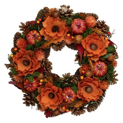 Northlight Autumn Harvest Orange Flowers and Gourds Pine Cone Wreath, 13.25-Inch, Unlit