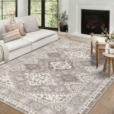 Washable Vintage Rug Non Slip Low Pile Rug Soft Throw Floor Cover Foldable Indoor Carpet for Living Room Bedroom Playroom Nursery